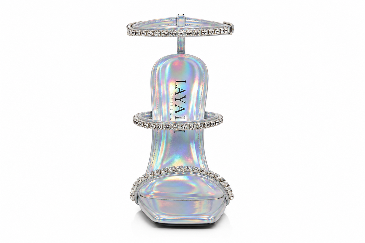 Sandale à talons Étincelle argent holographique — Layaliheels, vue de face